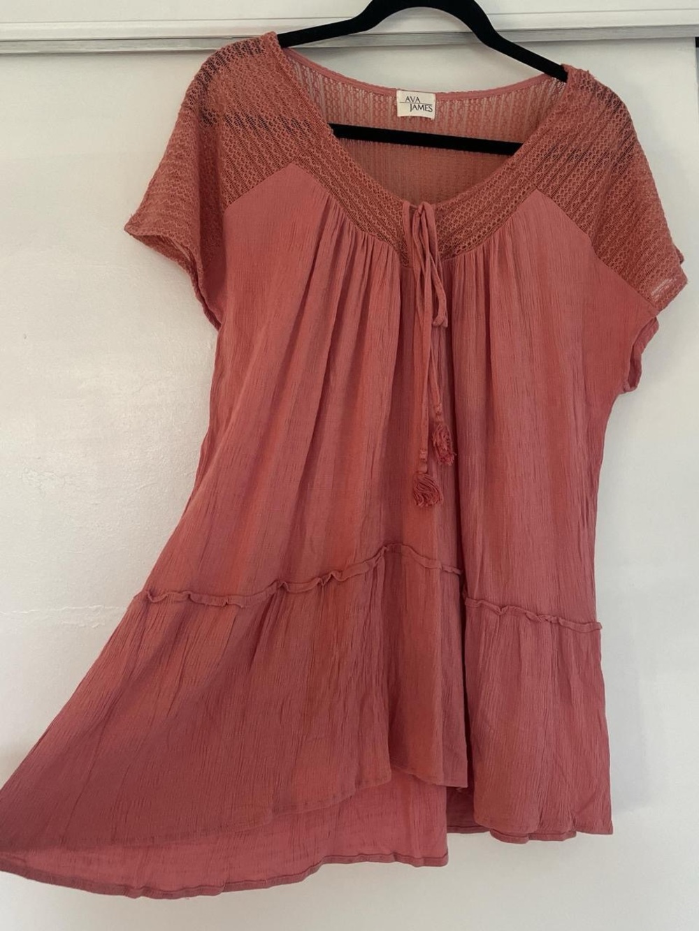 Pink flowy babydoll top long with lace trim and tie detail